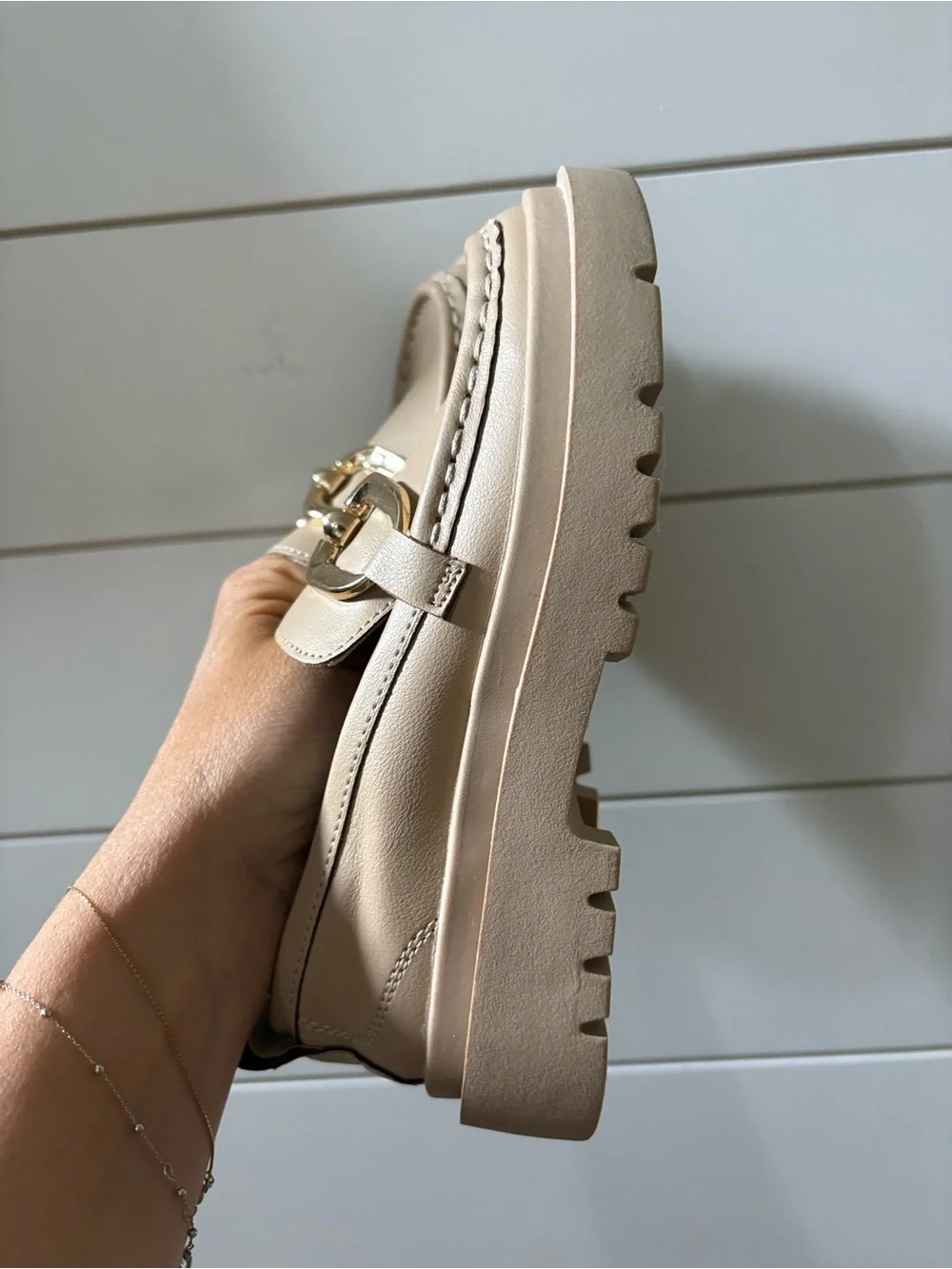 Zara Cream Leather Loafers with Gold Chain Accent